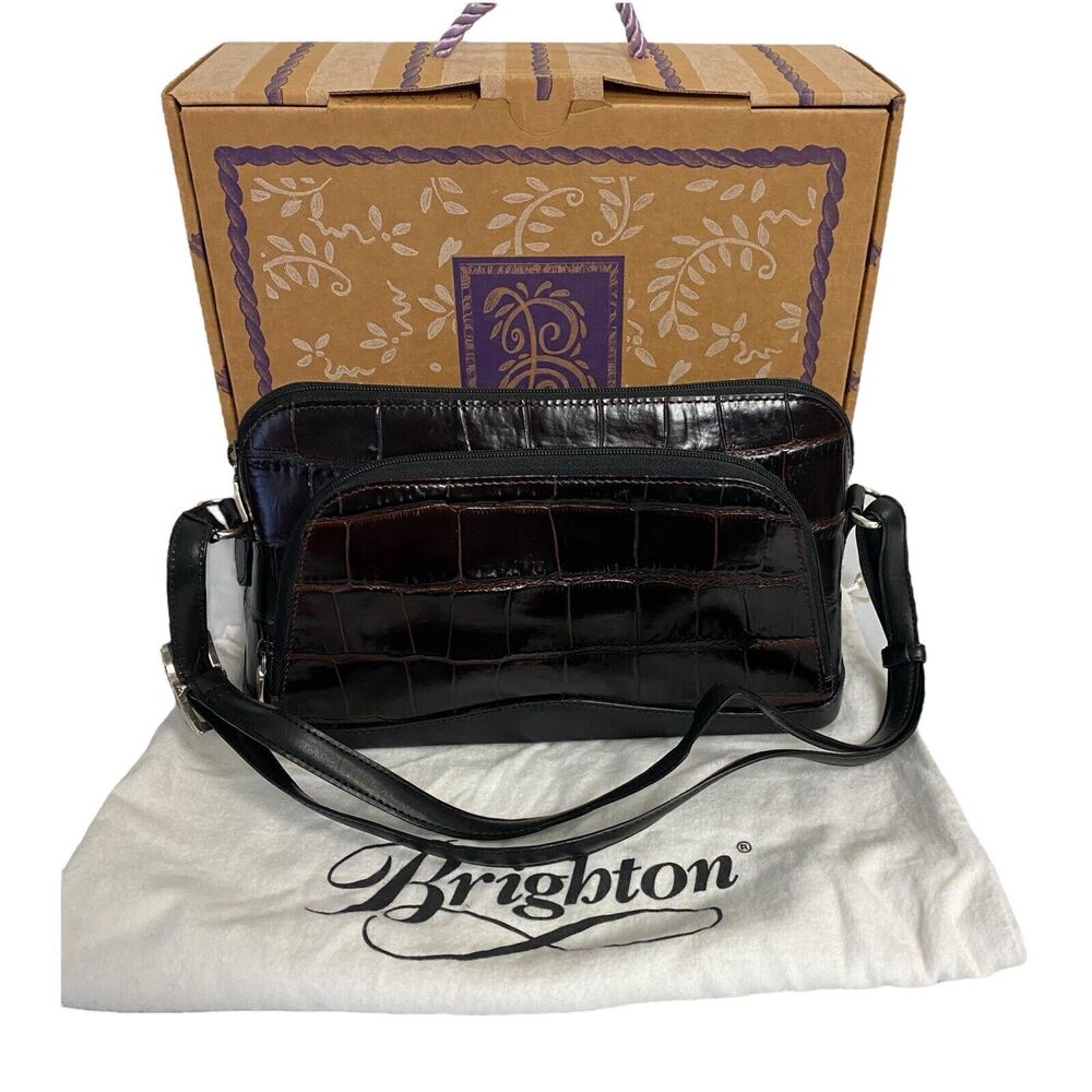 Brighton Leather Croc Burgundy Brown Purse Handbag Adjustable Shoulder Heart Bag
